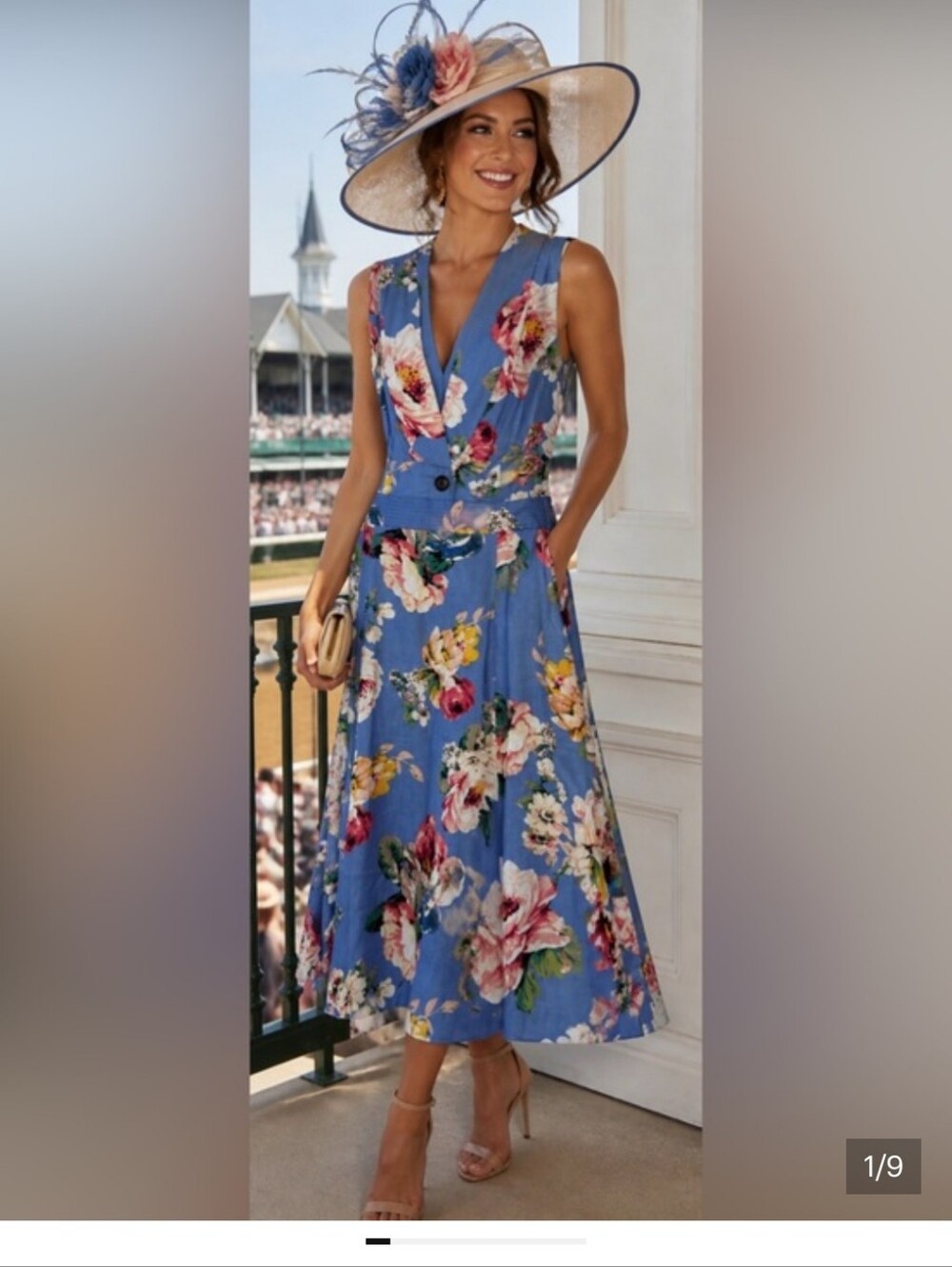 Eliza J Blue Floral Linen-Blend Midi Dress